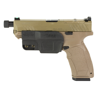 Compact semi-automatic pistol with a tan slide and black grip, shown from the left side.