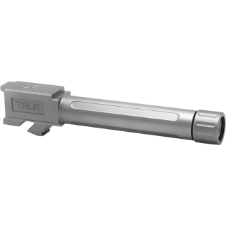 Precision-machined metal actuator with a square mounting block on the left and a long cylindrical shaft extending to the right, labeled TRUE on the block.