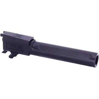 Black rifle muzzle device with a long cylindrical barrel extension, marked TRUE (muzzle brake/suppressor-style attachment).