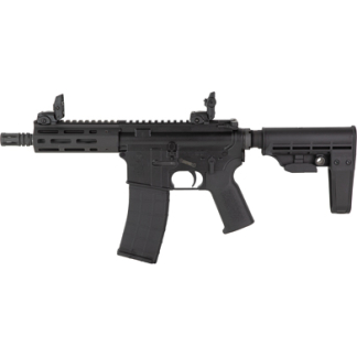 Black semi-automatic rifle with a detachable curved magazine, rail-equipped handguard, iron sights, and an adjustable stock as viewed in profile.