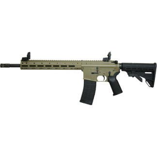 Tan and black semi-automatic rifle with a long handguard, rail sections, front and rear sights, and a curved detachable magazine.