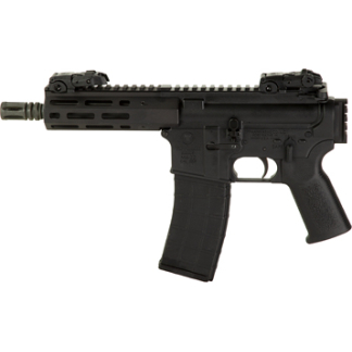 Black semi-automatic rifle with a curved magazine, tactical grip, and Picatinny rail on a white background.