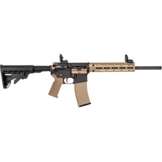 AR-15 style semi-automatic rifle with a tan anodized rail, black receiver, and tan mag on a white background