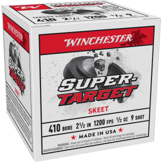 Front-and-top view of a Winchester Target box with red logo, showing 'WINCHESTER' and 'TARGET' branding and 'SKEET' text on the side.