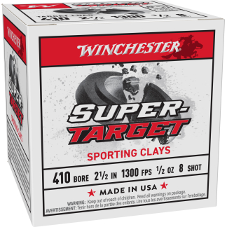 Box of Winchester Target Sporting Clays ammunition, red and white packaging with bold Winchester logo and target imagery, Made in USA.