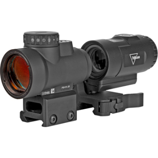 Black rifle scope with adjustable turrets mounted on a rail, featuring a large front lens and an attached optics module.