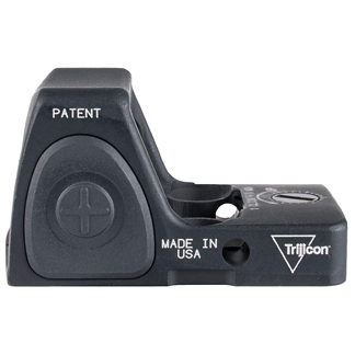 Low-profile Trijicon firearm sight mounted on a rail adapter, labeled Patent and Made in USA.