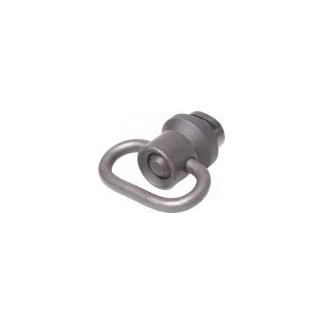 Metal eye bolt with a circular ring (D-ring) attached, used as a tether anchor or fastener.