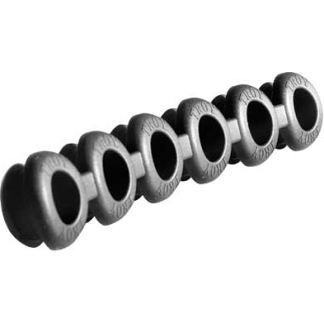 Row of black rubber O-rings with hollow centers, aligned diagonally