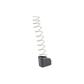 Metal spiral spring extending upward from a small black plastic base, standing upright on a white background.