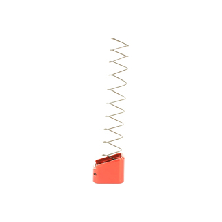 Red plastic handheld tool with a long, vertical coil spring extending upward from the base.