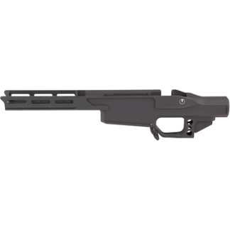 Black modular rifle stock with rails and pistol grip, shown in profile.