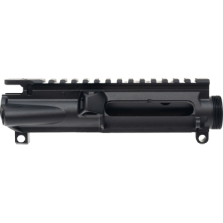 AR-15 style upper receiver with Picatinny rail and threaded muzzle, shown from the side on a black finish.