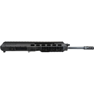 Black AR-15 upper receiver with quad-rail handguard and attached barrel, side view.