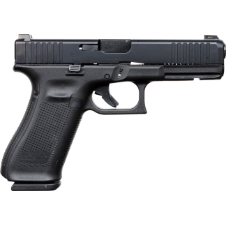 Side view of a black semi-automatic pistol with a textured grip, trigger, and serrated slide on a white background.