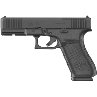 Side view of a Glock 20 10mm Auto semi-automatic pistol showing the slide, trigger, and textured grip on a white background.