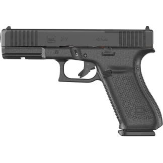 Side profile of a Glock 21 .45 Auto semi-automatic pistol with textured grip and external slide features.