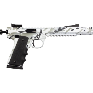 Side view of a semi-automatic pistol with white-gray camouflage pattern and a black textured grip, shown in profile.