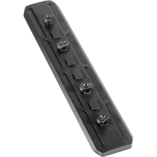 Plastic mounting rail with five small clamp blocks and screws along its length.