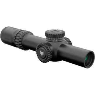Black rifle scope with adjustable turrets and lens caps.
