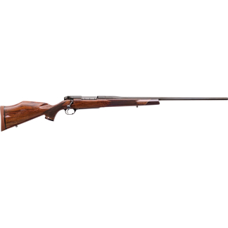 Bolt-action rifle with a polished wooden stock and long steel barrel on a white background.