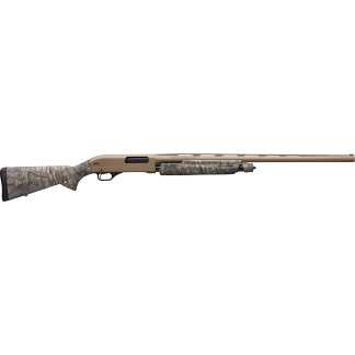 Camouflage-patterned pump-action shotgun with a tan receiver and long beige barrel.