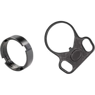 Two hardware parts: a threaded circular metal ring on the left and a black rubber gasket with two large holes on the right.
