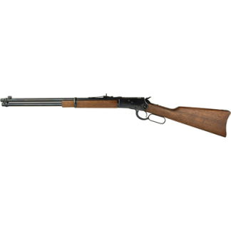 Lever-action rifle with wooden stock and fore-end, long metal barrel with lever below the receiver