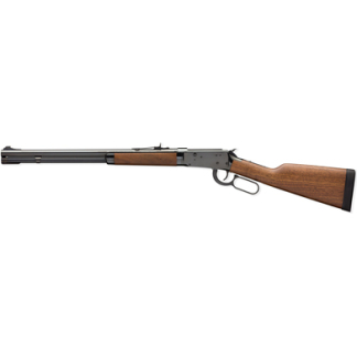 Pump-action shotgun with wooden stock and fore-end, long barrel in profile view.