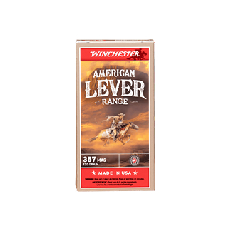 Box of Winchester American Lever Range .357 Magnum ammo, 158 grain, Made in USA, with a cowboy rider graphic on the front.
