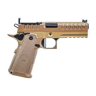 Tan desert-color semi-automatic pistol with a textured grip and accessory rail on the frame.