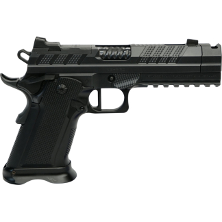 Side view of a black semi-automatic pistol with a textured grip and rail, shown from the left side.