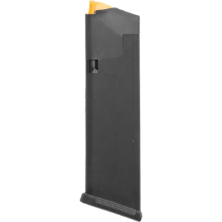 Black pistol magazine with orange follower visible at the top, viewed from the side on white background.
