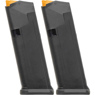 Two black firearm magazines with orange followers, placed side by side on a white background