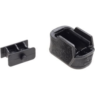 Two small black plastic mounting pieces: a clip with a protruding knob on the left and a curved base with a foam pad on the right, likely parts of a camera accessory mount.