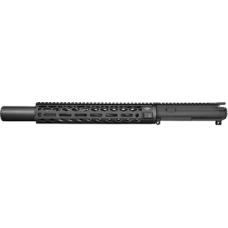 Black free-floating rifle upper with a long modular handguard and numerous M-LOK slots along its length