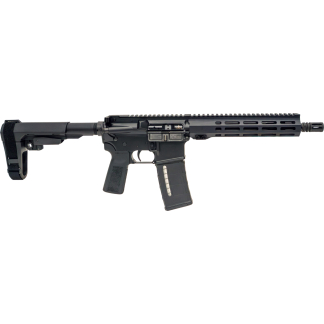 Black semi-automatic rifle in side view with collapsible stock, pistol grip, and a large detachable magazine.