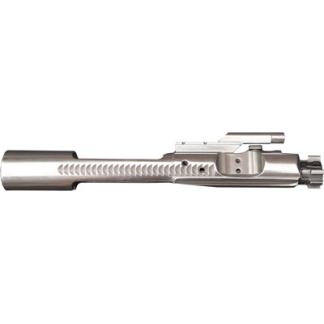 Stainless steel handgun slide with front serrations and ejection port, shown from the side.