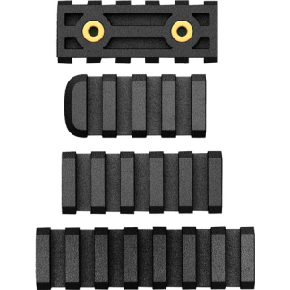 Set of black modular rubber grip segments with ribbed surfaces and a top piece featuring two yellow bushings.