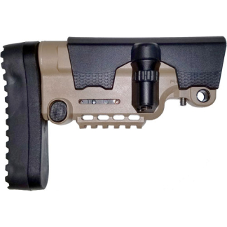 Side view of a tan-and-black adjustable rifle buttstock with a cheek rest and textured grip area