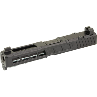 Black firearm component with textured panels and small front and rear sights on ends, shown in profile.