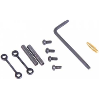 Assorted small hardware: two ring-ended wrenches, two cylindrical pins, four screws, a long L-shaped Allen key, and a small brass fastener.