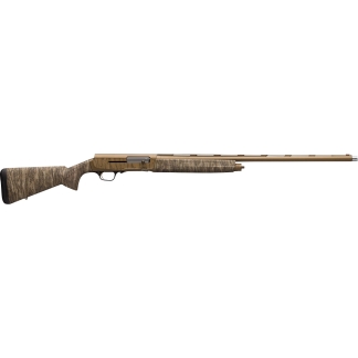 Side profile of a camouflage bolt-action hunting rifle with a long barrel and rubber recoil pad at the stock end.