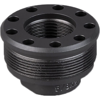 Black metal flange adapter with external threads and eight evenly spaced mounting holes around the rim, used to connect pipe sections.