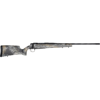 Left-side view of a camouflage-pattern bolt-action hunting rifle with a long barrel and perforated muzzle brake.