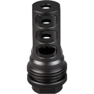 Close-up of a black cylindrical metal component with rounded cutouts along its length and a knurled base.