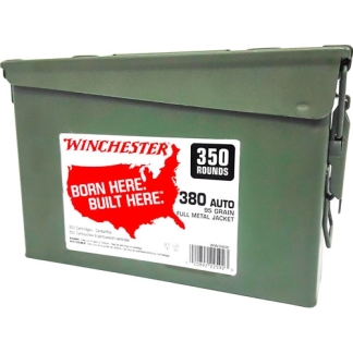 Olive green metal ammo box with a Winchester label reading 'Born Here! Built Here.' 350 rounds, 380 Auto, 95 grain FMJ.