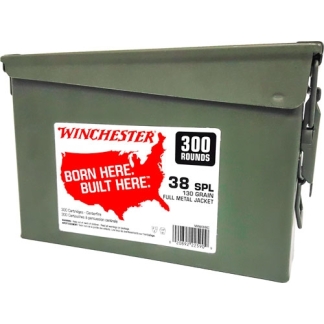 Green metal ammo can with a Winchester label reading 'Born Here Built Here,' noting 300 rounds and 38 SPL, 130-grain full metal jacket.