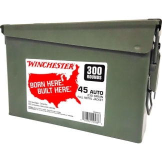 Green metal ammo box with Winchester label: 300 rounds, .45 Auto, full metal jacket (FMJ).