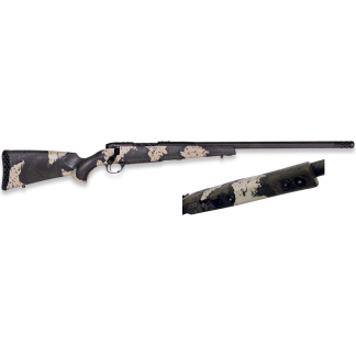 Camouflage-pattern bolt-action hunting rifle with long barrel laid horizontally on white background